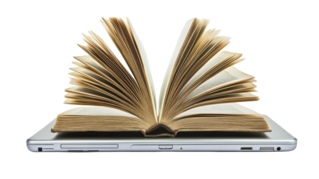 Open book resting on a laptop signifies the blend of traditional and digital learning methods in modern education