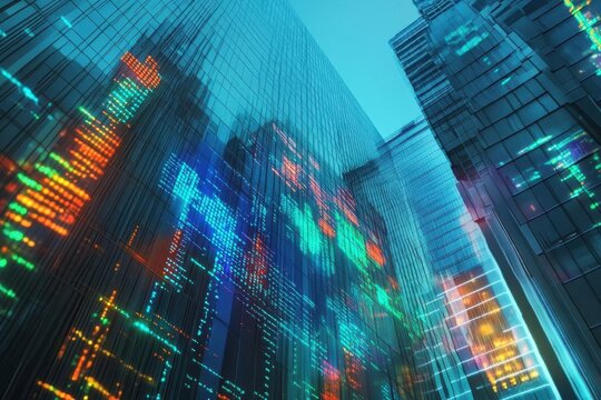 modern glass skyscraper facade reflecting stock market data projections in neon blue and green holograms