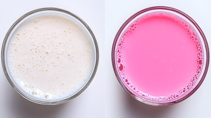Two glasses of colored milk beverages from a top down angle