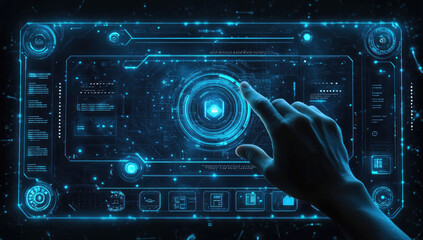 Futuristic Interface Hand Interacting with Holographic Sci-Fi Technology