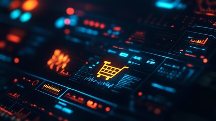 A lively ecommerce financial dashboard with vivid order analytics. Customer purchasing trends and a 3D shopping cart icon.