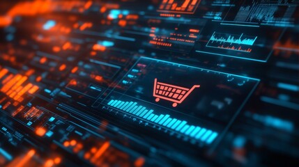 Fototapeta premium A lively ecommerce financial dashboard with vivid order analytics. Customer purchasing trends and a 3D shopping cart icon.
