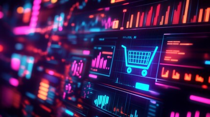 Fototapeta premium A lively ecommerce financial dashboard with vivid order analytics. Customer purchasing trends and a 3D shopping cart icon.