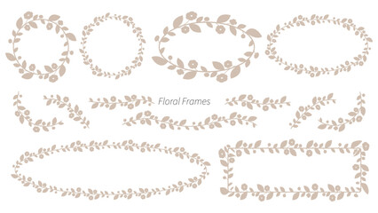 Vector set of calligraphy beige floral frames for special occasions. Soft and natural logo template. Flowers and leaves for wedding invitations save the date cards.