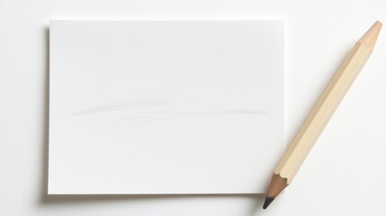 Blank white card on a table with a pencil, perfect for creative design and minimalistic layout presentations.