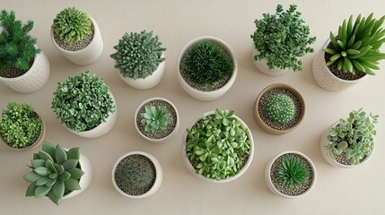 Succulents, pots, overhead, beige, studio, plants, arrangement, design, home decor