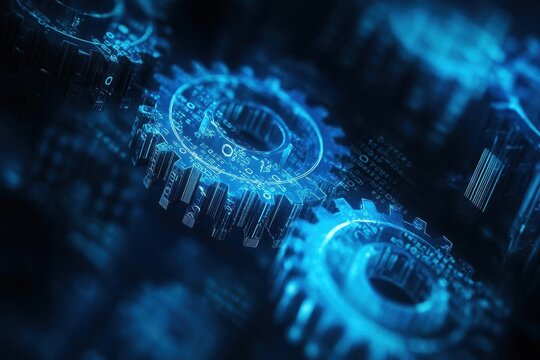 modern innovation concept featuring translucent glass gears interlocking with floating binary code, bathed in soft blue technological glow against dark backdrop