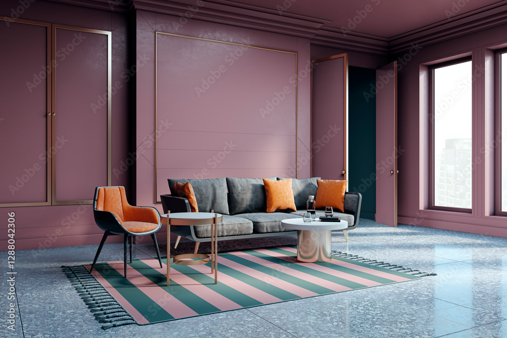 Poster modern waiting area with stylish sofa, armchair, and coffee tables in a sophisticated interior. eleg