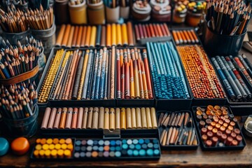
Various creative tools arranged on a table, with pencils taking centre stage amongst other materials.

