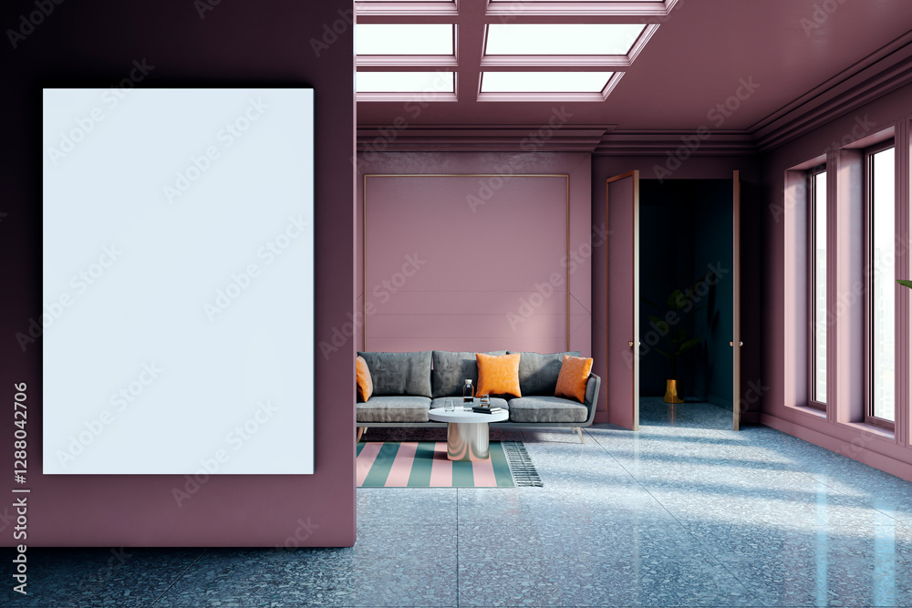 Poster Modern lobby interior with vertical blank mockup canvas on wall. 3D Rendering