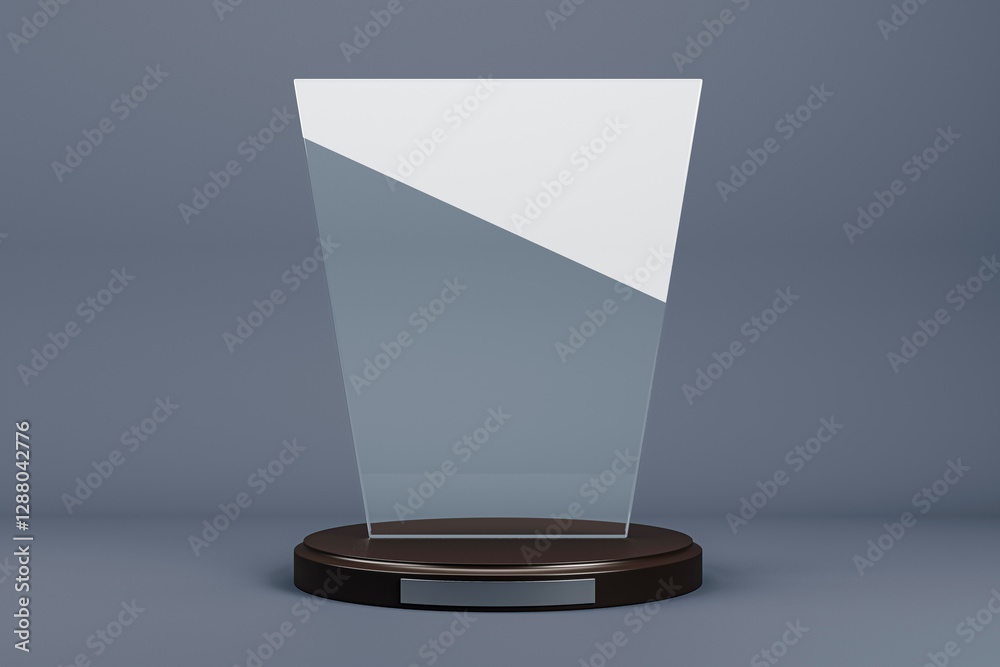 Poster modern transparent glass trophy mockup on dark background. 3d rendering