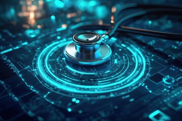 modern medical technology concept with glowing blue holographic displays surrounding a classic stethoscope, digital health data visualization