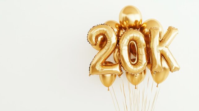 Celebratory golden balloon display with 20k number and cluster of golden balloons