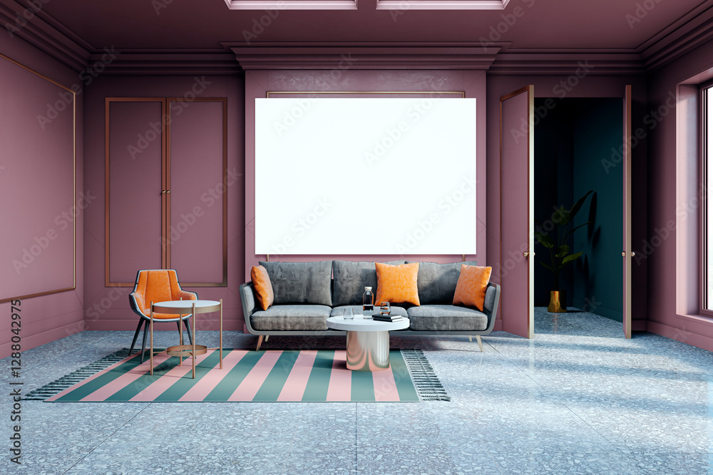 Poster modern waiting area interior with sofa, table, and blank canvas on the wall. 3d rendering