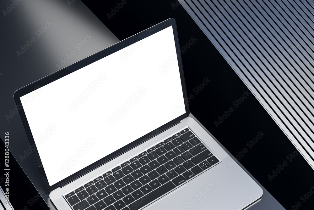 Poster modern laptop with blank white screen on a sleek black background. 3d rendering