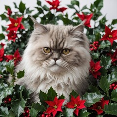 A Persian cat sitting in a bouquet of holly and poinsettias, pure white background.