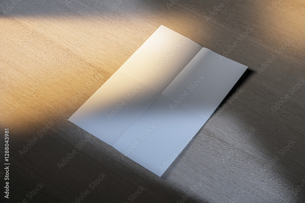 Poster Blank folded sheet of paper on wooden surface with soft light and shadows. 3D Rendering
