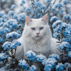 A snowy white cat surrounded by icy blue winter flowers, white background.