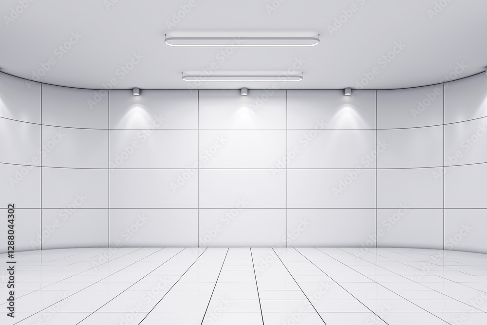 Poster modern empty exhibition room with spotlights and tiled floor. 3d rendering