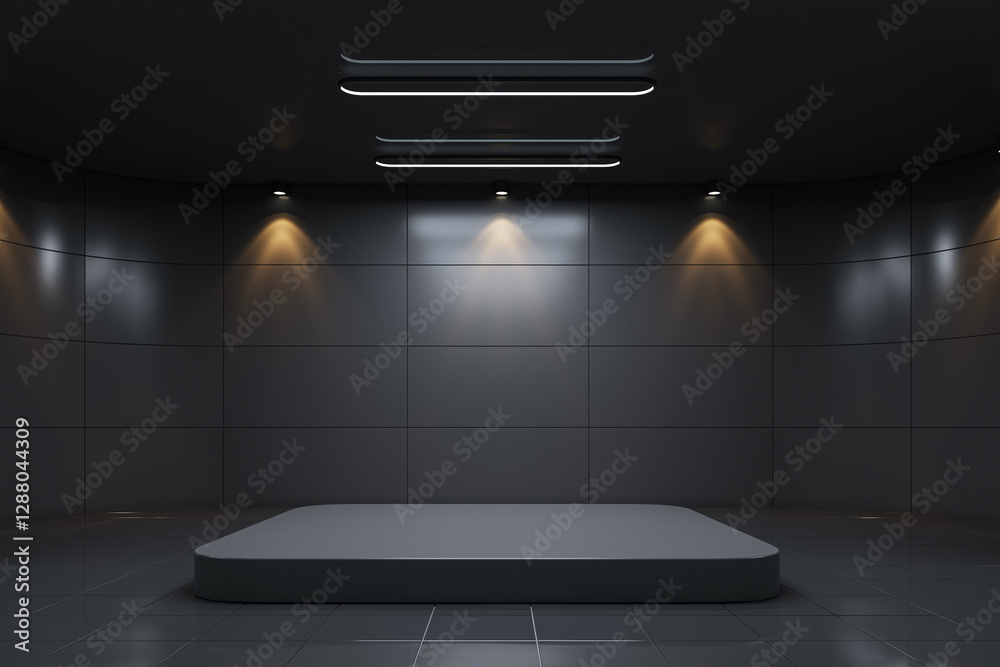 Poster dark exhibition room with spotlights and empty podium. 3d rendering