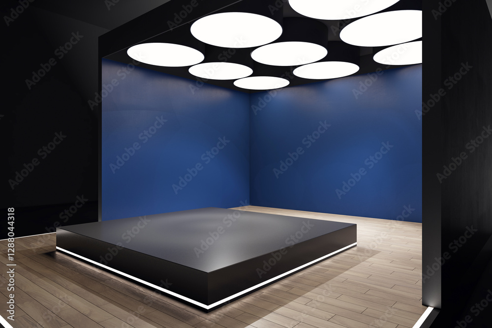 Poster modern presentation stage with dark platform and blue walls. 3d rendering