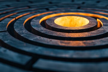 A close-up view of concentric circular patterns, featuring a glowing center that creates a striking contrast against dark stone textures.