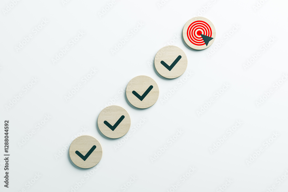 Poster wooden checkmarks leading to a target, symbolizing steps to success. 3d rendering