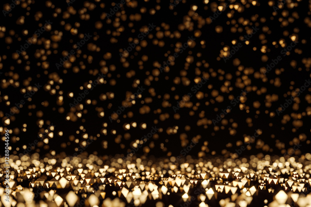 Poster golden glowing particles with crystal shapes on black background. 3d rendering