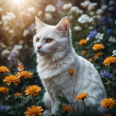 A fairy-like cat with butterfly wings sitting in a mystical garden of glowing flowers, pure white background.