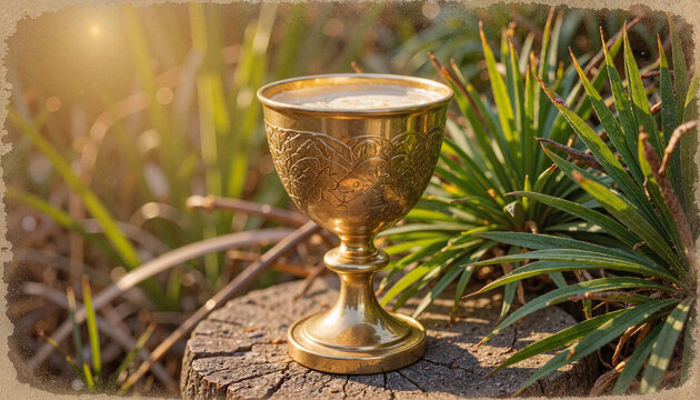 Golden goblet on wooden stump surrounded by green foliage