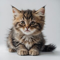 A fluffy kitten sitting with big, curious eyes on a pure white background.