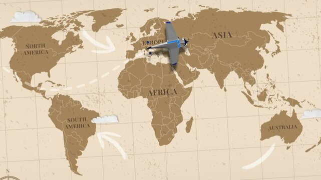 Animation plane flying on the vintage world map leaving a trail behind. World travel, vacation. transport shipping. Motion animation.