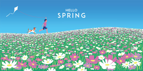 Hello, spring! Springtime's poster or banner. Vector illustration of nature, landscape, countryside, meadow with spring flowers, boy and dog with a kite. Handmade drawing doodle cartoon.