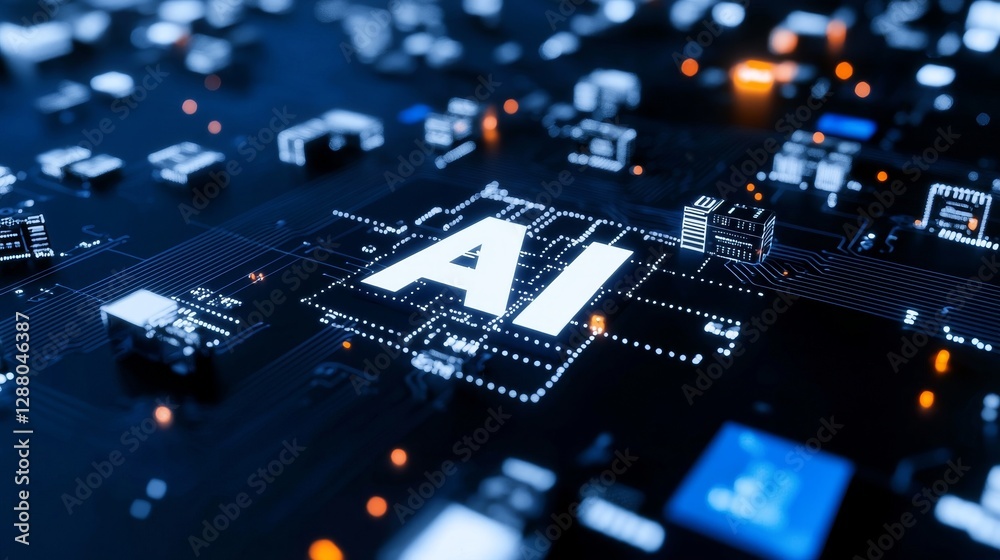 Poster the image depicts a stock microchip featuring text on its surface, created using generative ai illus