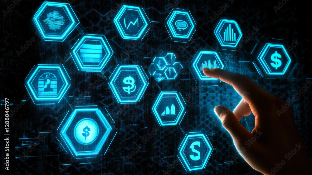 Poster technology interface displaying data analytics and finance metrics during a digital presentation at 