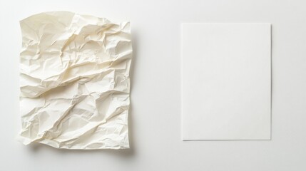 Crumpled paper vs smooth sheet on desk. Creative concept for ideas and innovation, showing contrast and progress in design.