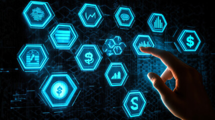 Technology interface displaying data analytics and finance metrics during a digital presentation at a tech conference