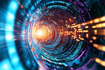 Fototapeta premium A fantastic wallpaper is created by an abstract futuristic background that showcases pink and blue neon lines in motion at high speed, interspersed with bokeh lights, conveying the idea of data