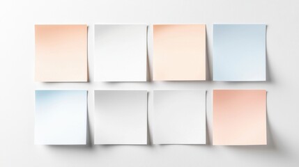 Eight colorful blank sticky notes arranged on a white wall, perfect for reminders or creative brainstorming sessions.