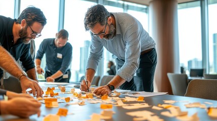 Diverse group of professionals engaged in collaborative office workshop with puzzle pieces
