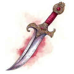 Ornate Gold Dagger with Red Jewels on Watercolor Background