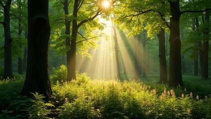 Obraz premium Landscapes of green forest with sunlight between the trees