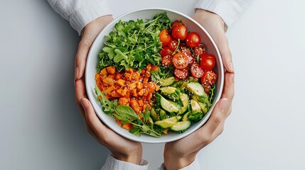 Delicious fresh salad bowl with avocado, cherry tomatoes, and greens