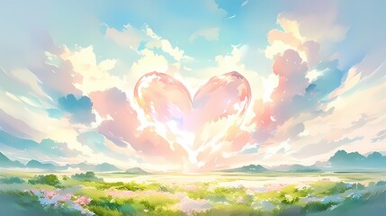 A pastel-colored heart-shaped cloud formation in a dreamy landscape.  Perfect for romance, hope, and love themes.