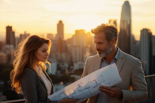 A man and woman review architectural blueprints on a rooftop at sunset, overlooking a cityscape.