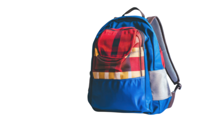 Stylish blue backpack with colorful plaid design perfect for school or outdoor activities
