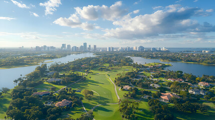 Aerial View of a City Skyline with Golf Course and Lakes