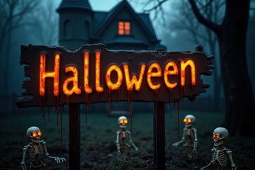 A spooky "Halloween" sign with dripping paint, set against a haunted house backdrop, surrounded by skeletons and cobwebs. The atmosphere is filled with chilling whispers