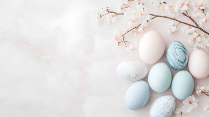 Fototapeta premium Pastel-colored Easter eggs with marble patterns arranged on a soft pink background, decorated with delicate cherry blossoms. The composition creates a light and festive spring atmosphere