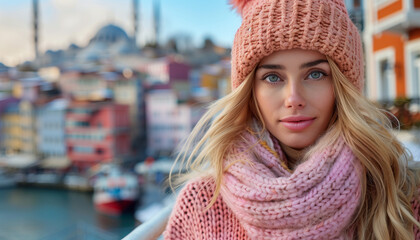 Beautiful woman (face portrait) on the street in Istanbul. Lifestyle, pink dress, hair, shopping, winter, Turkiye, city